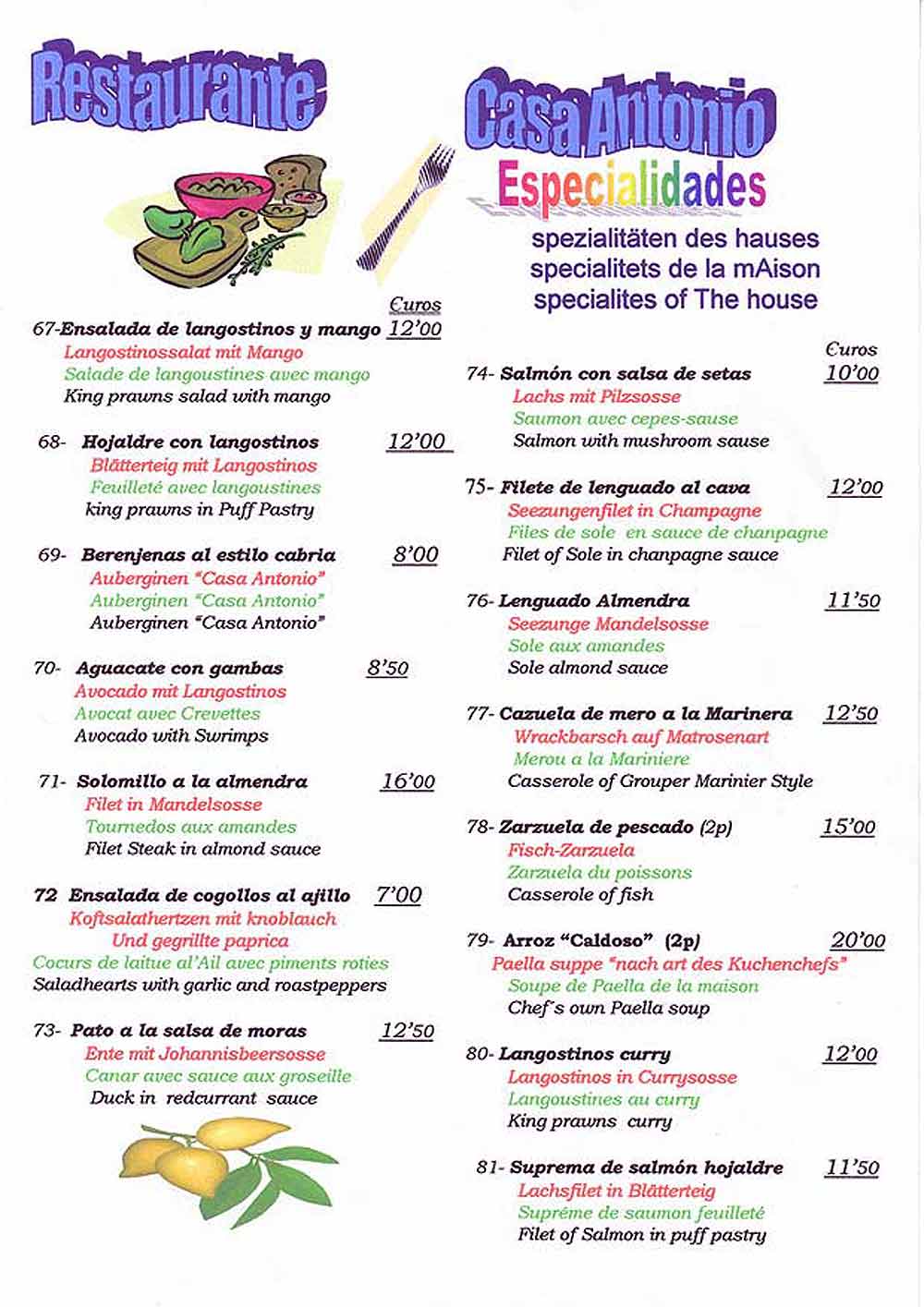 Casa Antonio menu